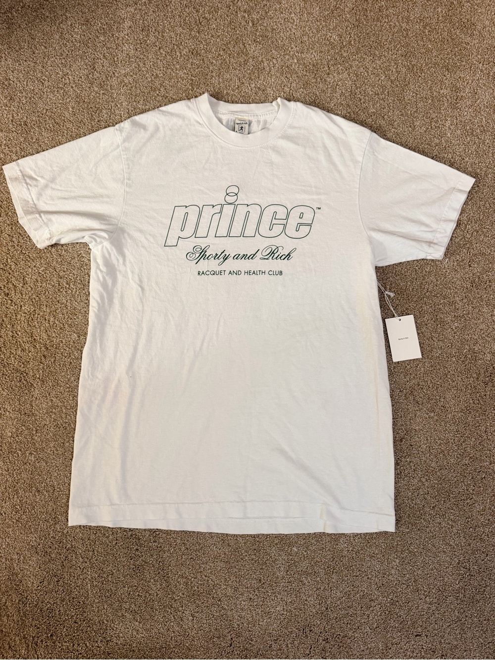 Prince Sporty and Rich White Short-Sleeve Logo Tee with Green Accent
